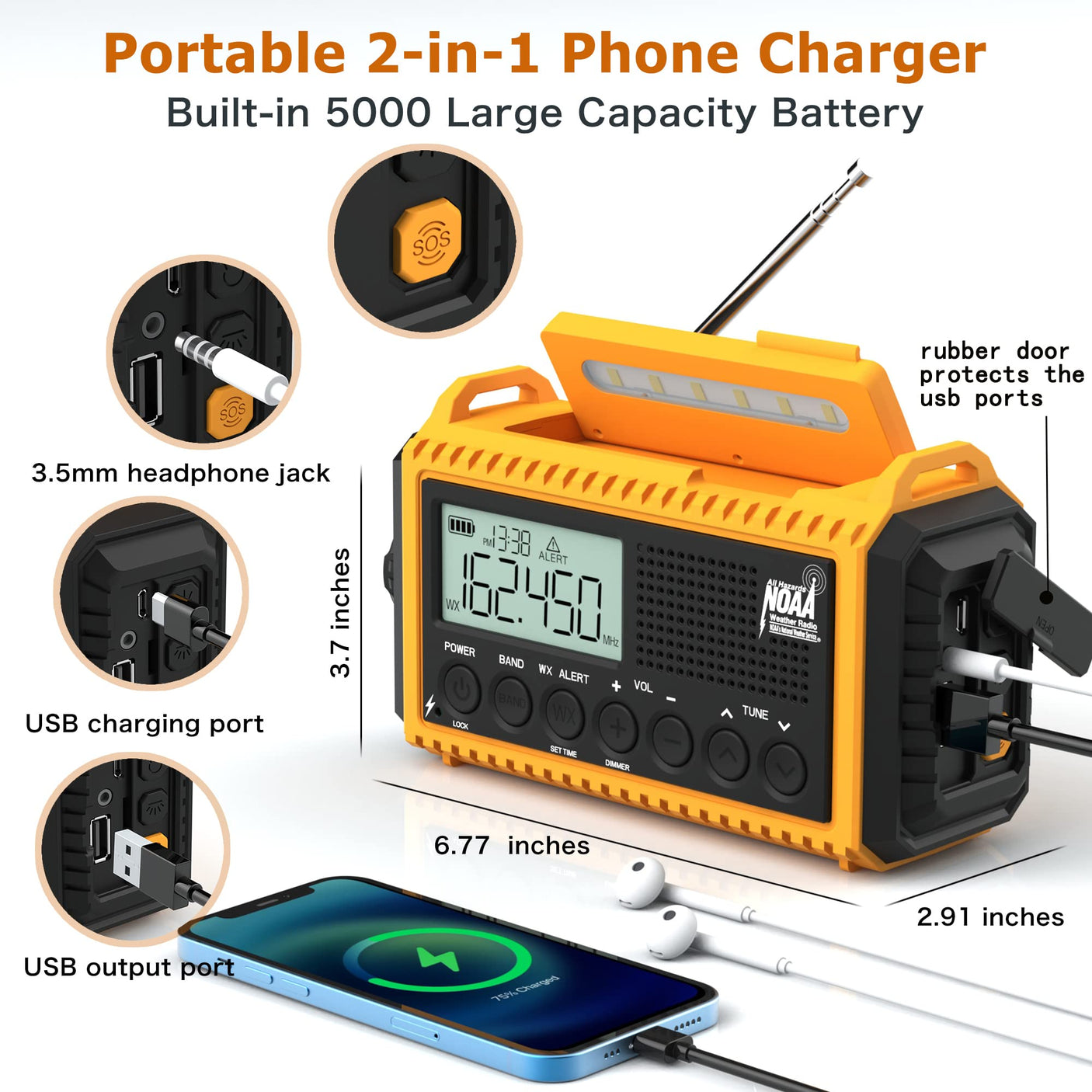 NOAA Weather Radio, Emergency Hand Crank Radio with Solar Charger, Portable Battery Operated AM FM Shortwave Radio with LED Flashlight, USB Charger, Earbud Jack, SOS Alert for Home Survival Hurricane
