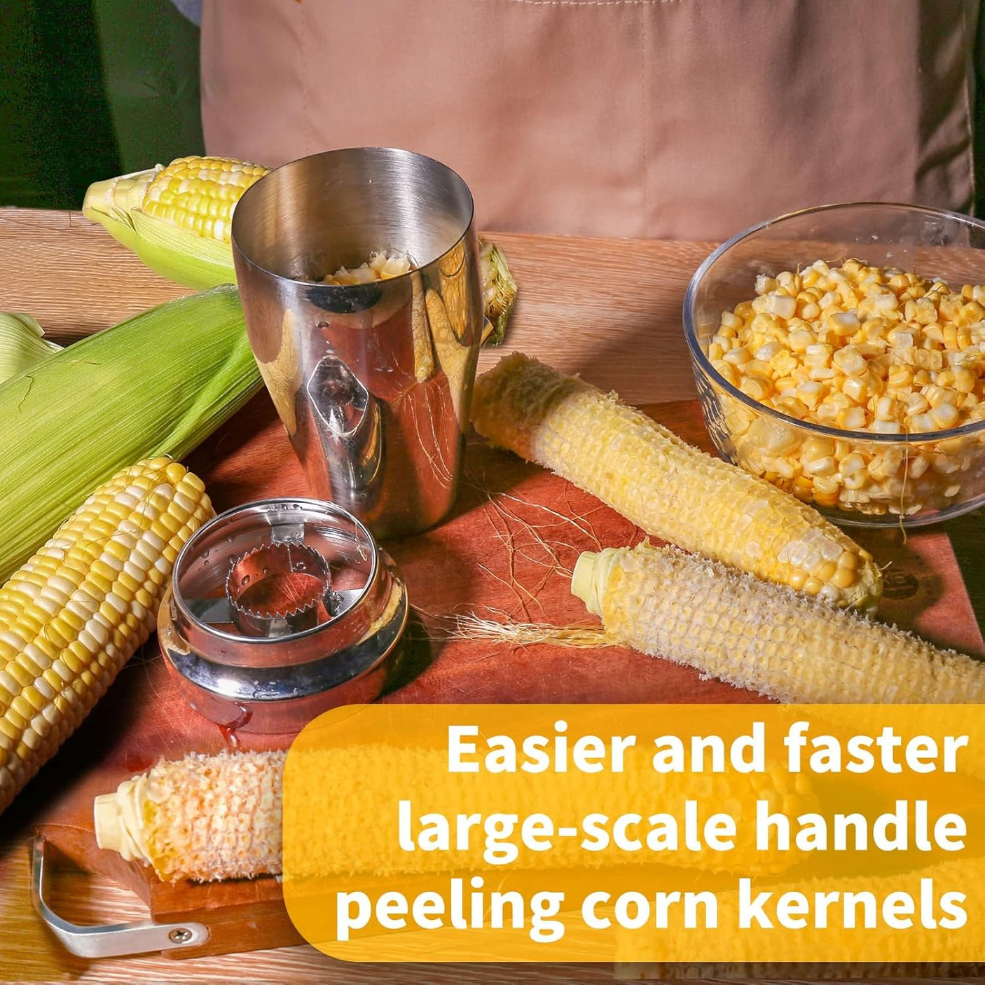Newness Corn Stripper Peeler & Cutter with Cup, 304 Stainless Steel Cob Thresher, Off-Cob Kernel Remover & Slicer with Serrated Blade for Home & Kitchen