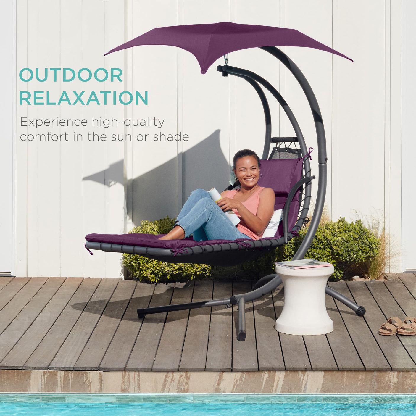 Best Choice Products Outdoor Hanging Curved Steel Chaise Lounge Chair Swing w/Built-in Pillow and Removable Canopy -Red