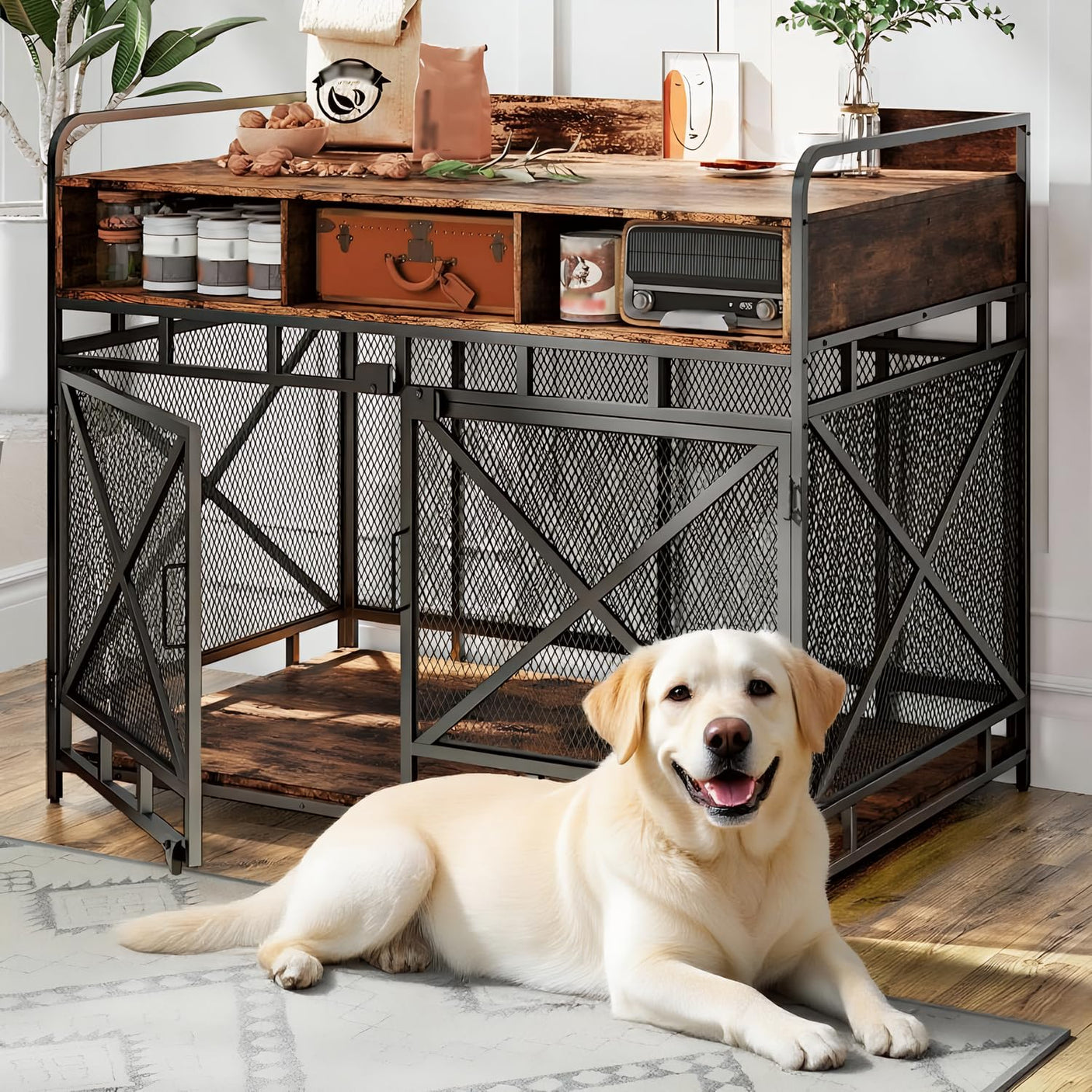 Dog Crate Furniture, 43 Inch Large Dog Kennel End Table with 3 Drawers, Heavy Duty Dog Crate for Large Dogs, Wooden Decorative XL Dog Cage Indoor 43.3" L x 27.6" W x 35.7" H (Rustic Brown)