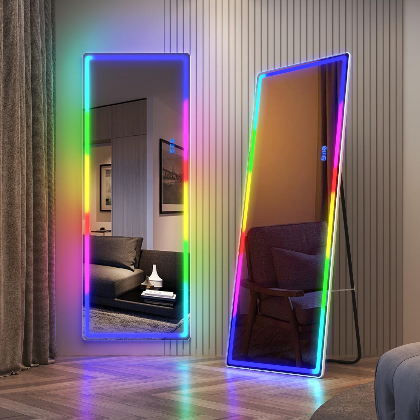 LVSOMT LED RGB Full Length Mirror, Full Body Mirror with Lights, Wall Mounted Lighted Mirror, Over The Door Hanging Mirror, 14 LED Light + Dimmable Brightness + Adjustable Speed, 47" x 16"