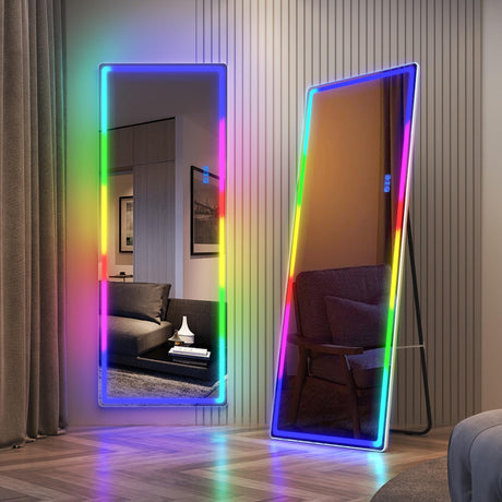 LVSOMT LED RGB Full Length Mirror, Full Body Mirror with Lights, Wall Mounted Lighted Mirror, Over The Door Hanging Mirror, 14 LED Light + Dimmable Brightness + Adjustable Speed, 47" x 16"