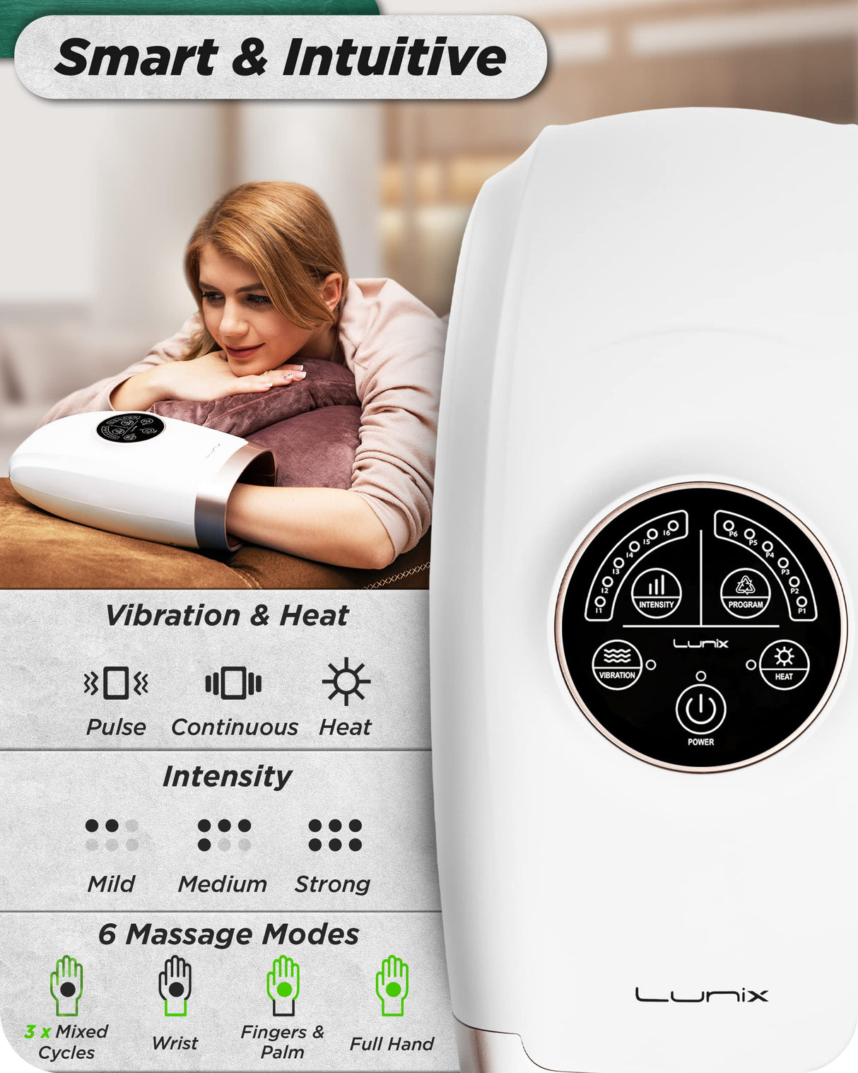 Lunix LX3 Cordless Electric Hand Massager with Compression, 6 Levels Pressure Point Therapy Massager for Arthritis, Pain Relief, Carpal Tunnel and Finger Numbness, Shiatsu Massage Machine with Heat
