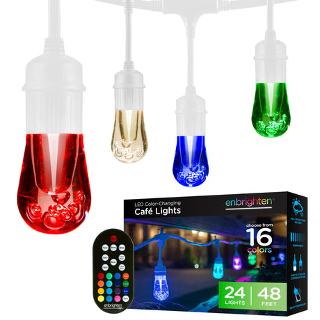 Enbrighten Premium Color Changing String Lights, 48ft Black Cord, 24 Shatterproof Acrylic Bulbs, Weatherproof, Remote Control, Dimmable RGB LED, Outdoor String Lights, 37790