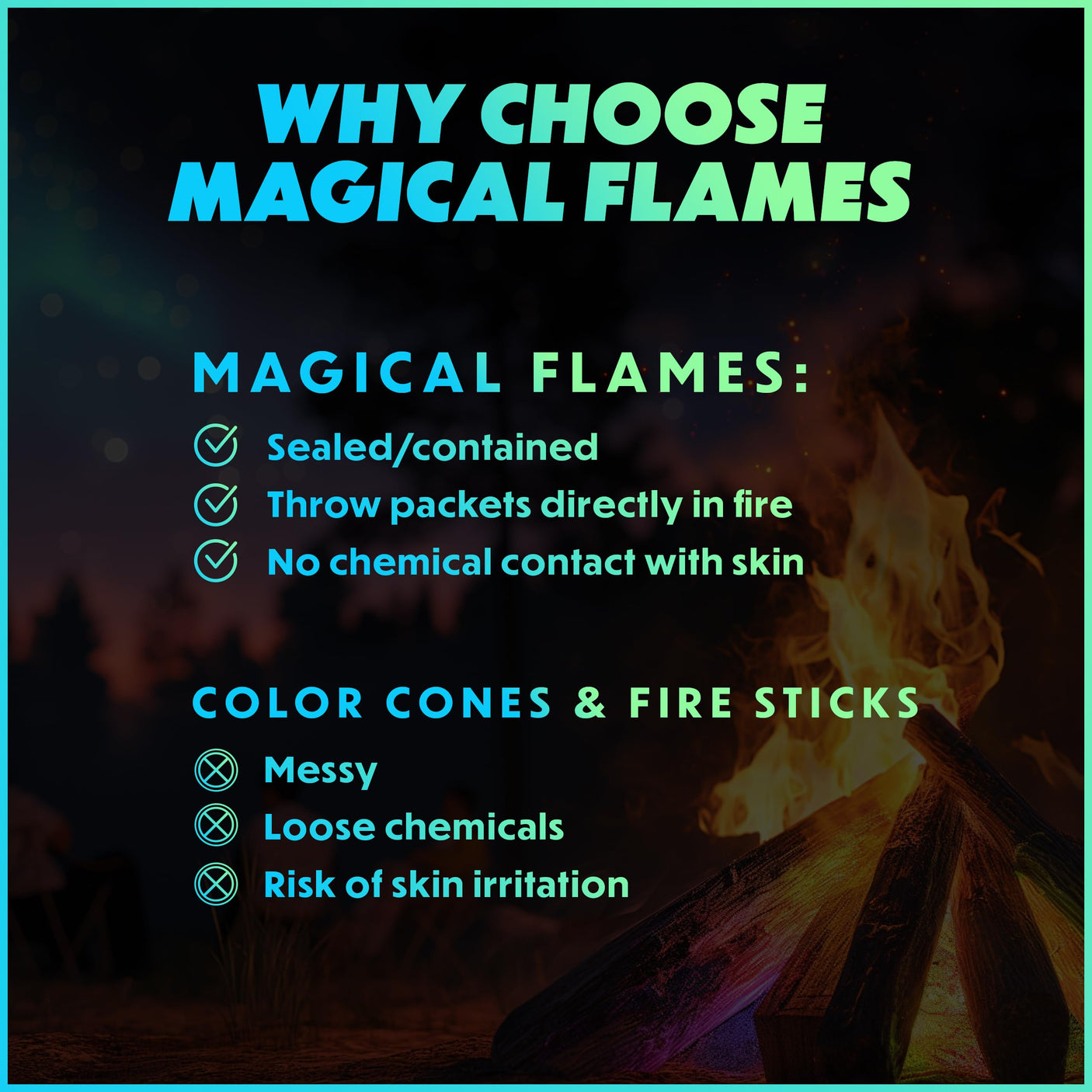 Magical Flames Fire Color Changing Packets for Fire Pit, Indoor/Outdoor Fireplace, Campfires, Bonfires - 25 Pack of Flame Color Changing Packets Camping Accessories