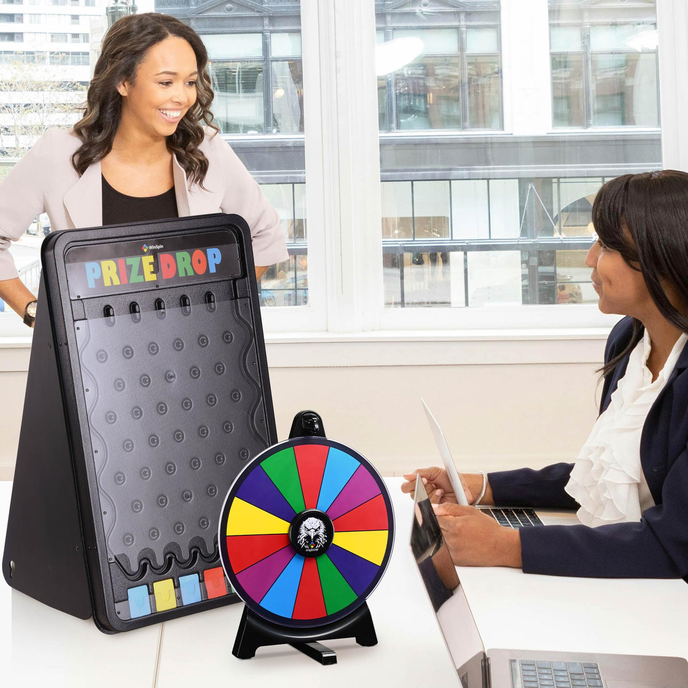 WinSpin 30" Prize Drop Board Foldable Stand Disk Drop Board Game Customizable 6 Slots with 10 Pucks for Carnival Tradeshow Party, (19"x30")