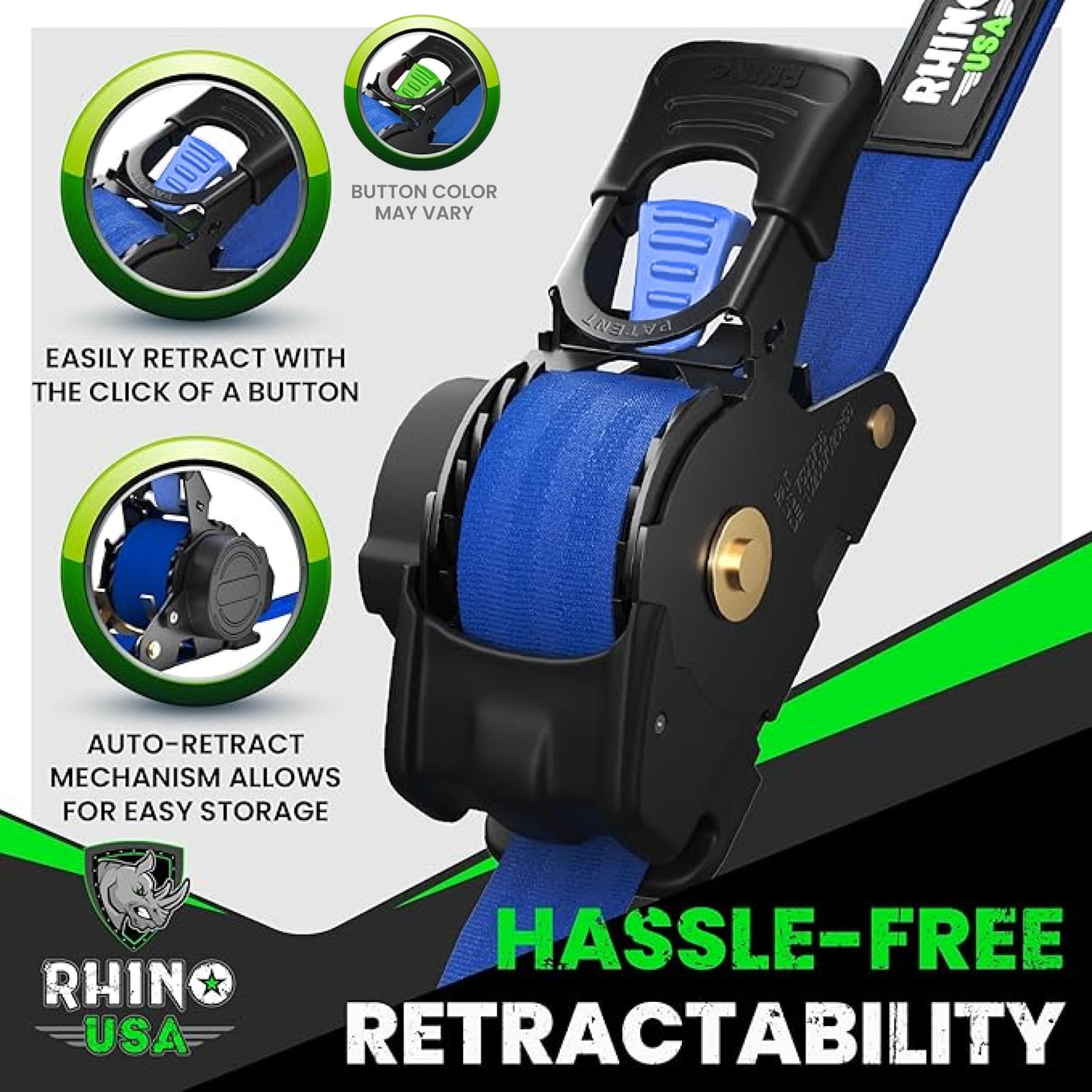 Rhino USA Retractable Ratchet Straps (4-Pack) - 1 Inch x 10 Feet (1,209lb Break Strength) - Heavy Duty Auto Self Retracting Tie Down Straps for Truck, Cargo Trailer, Motorcycle, Rad & More - Green