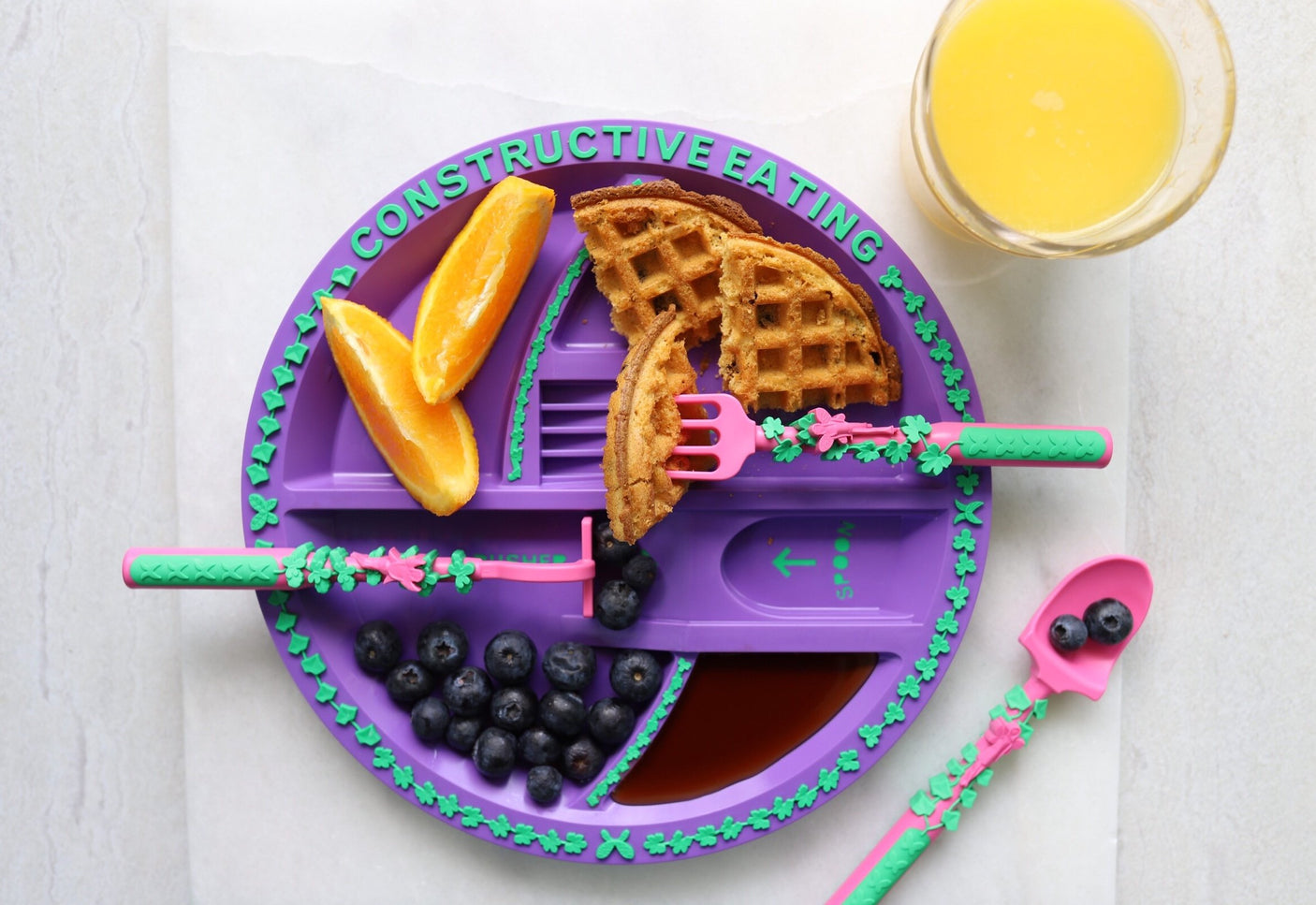 Constructive Eating Plate and Utensils Set - USA-Made Toddler Dinnerware with Divided Plates (Dinosaur)