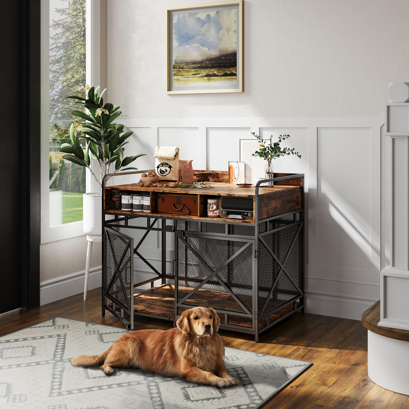 Dog Crate Furniture, 43 Inch Large Dog Kennel End Table with 3 Drawers, Heavy Duty Dog Crate for Large Dogs, Wooden Decorative XL Dog Cage Indoor 43.3" L x 27.6" W x 35.7" H (Rustic Brown)