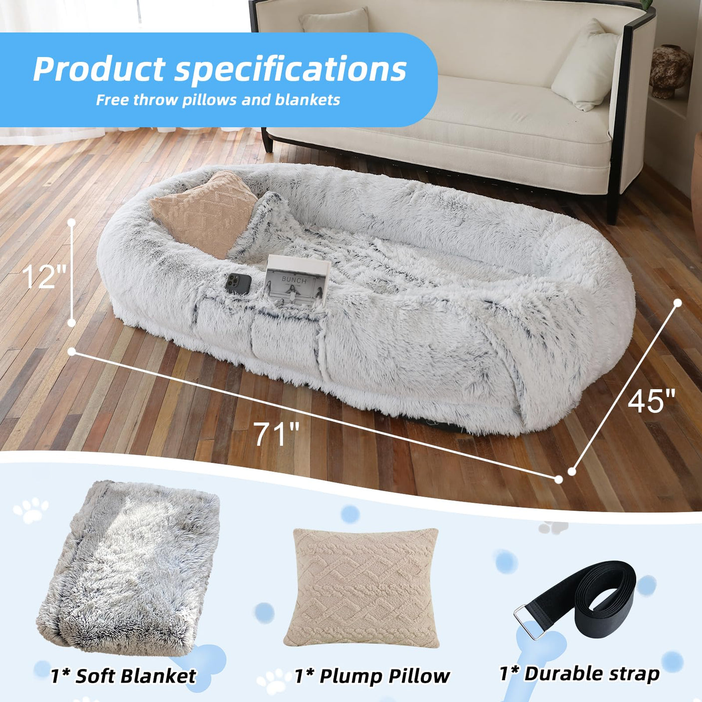Human Dog Bed, Large Dog Beds for Humans Size Fits You and Pets, Washable Faux Fur Orthopedic Human Pet Bed for People Doze Off, Napping, Present Pillow, Blanket, Strap - Khaki