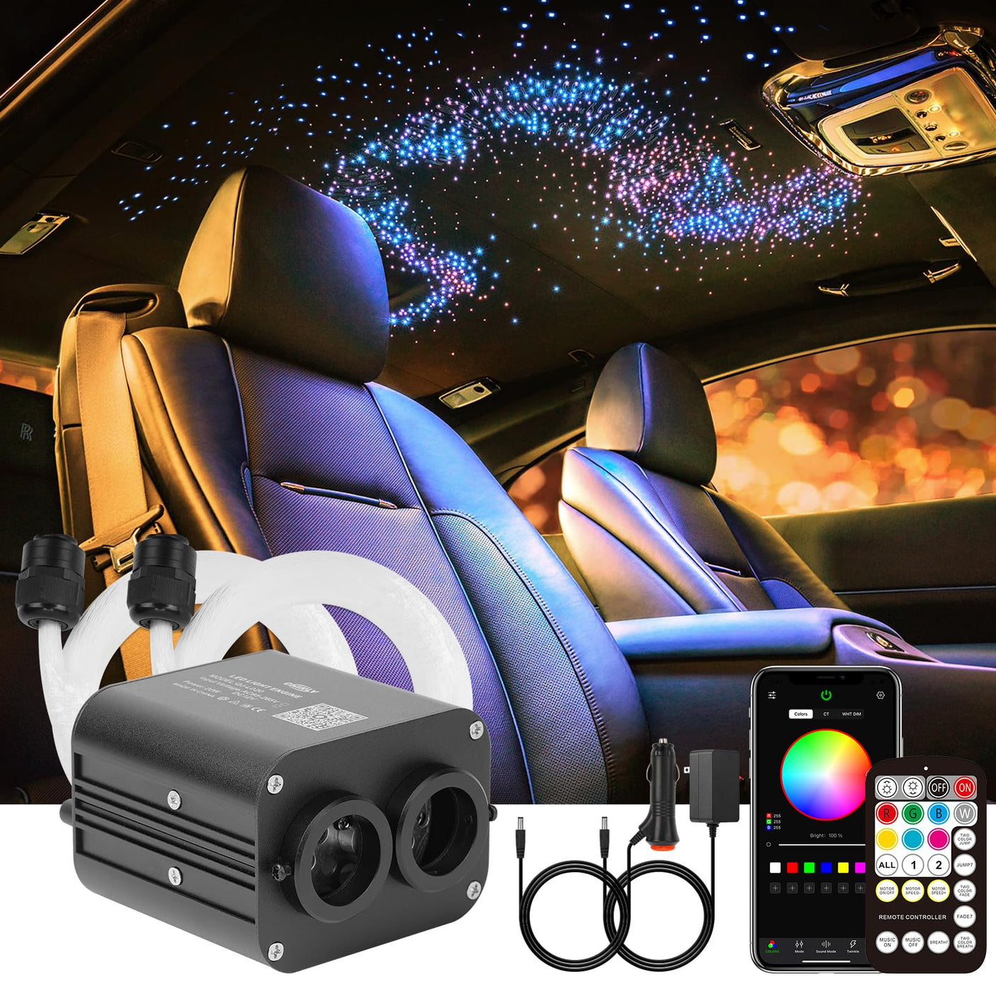 CHINLY Two-Color 1000pcs Twinkle Starlight Headliner Kit 1000 Piece Star Lights for Car,13.1ft Car Star Lights,APP RGBW Fiber Optic Lights Starlights Headliner Kit for Home Theater