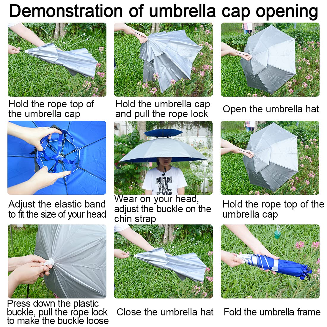 NEW-Vi Fishing Umbrella Hat Folding Adjustable Sun Rain Cap, 37.4”Oversize Hands Free Umbrellas, 7-Ribs Anti-UV Waterproof Headwear for Fishing Gardening Golf Sunshade Outdoor