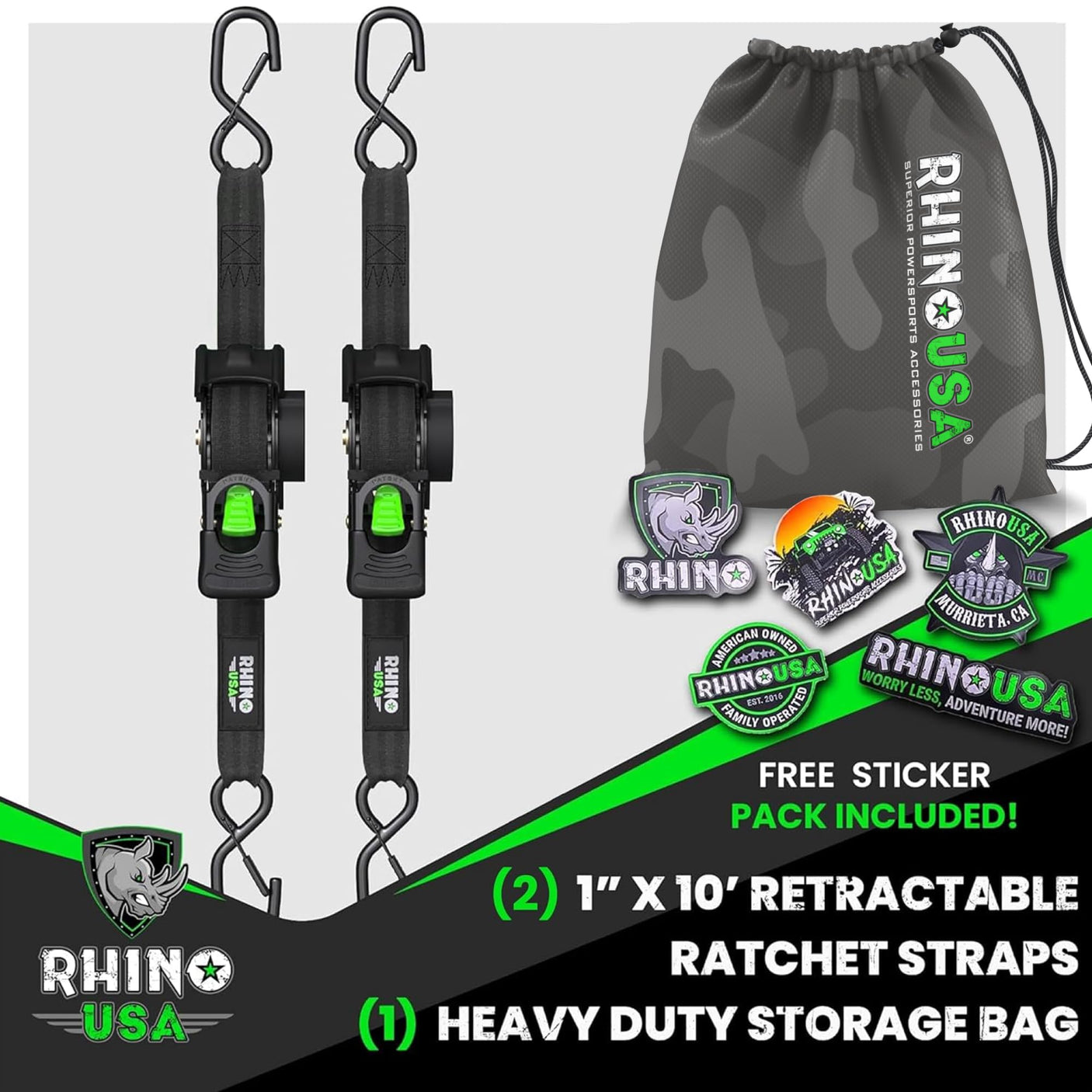 Rhino USA Retractable Ratchet Straps (4-Pack) - 1 Inch x 10 Feet (1,209lb Break Strength) - Heavy Duty Auto Self Retracting Tie Down Straps for Truck, Cargo Trailer, Motorcycle, Rad & More - Green
