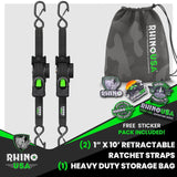 Rhino USA Retractable Ratchet Straps (4-Pack) - 1 Inch x 10 Feet (1,209lb Break Strength) - Heavy Duty Auto Self Retracting Tie Down Straps for Truck, Cargo Trailer, Motorcycle, Rad & More - Green