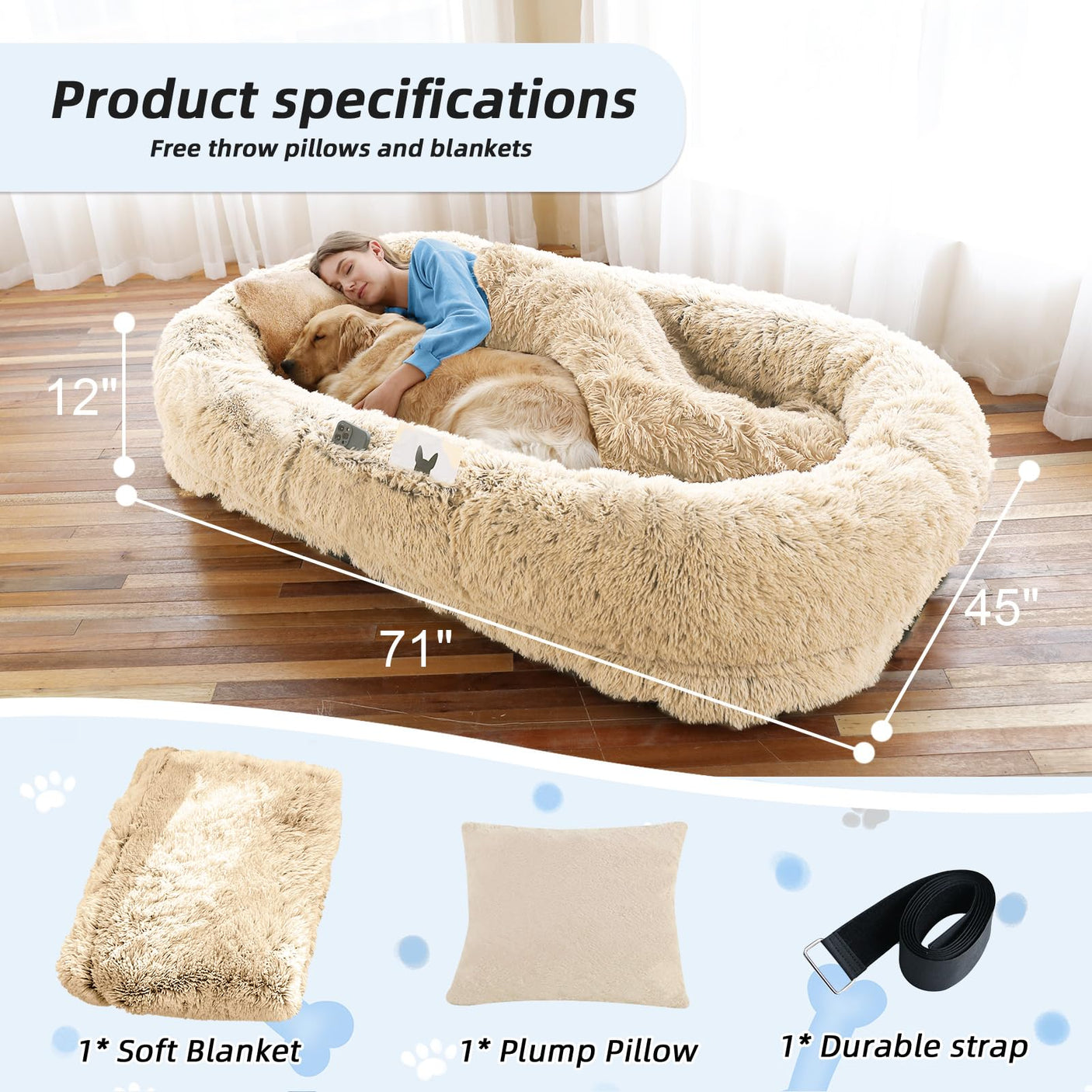 Human Dog Bed, Large Dog Beds for Humans Size Fits You and Pets, Washable Faux Fur Orthopedic Human Pet Bed for People Doze Off, Napping, Present Pillow, Blanket, Strap - Khaki