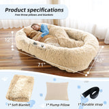 Human Dog Bed, Large Dog Beds for Humans Size Fits You and Pets, Washable Faux Fur Orthopedic Human Pet Bed for People Doze Off, Napping, Present Pillow, Blanket, Strap - Khaki