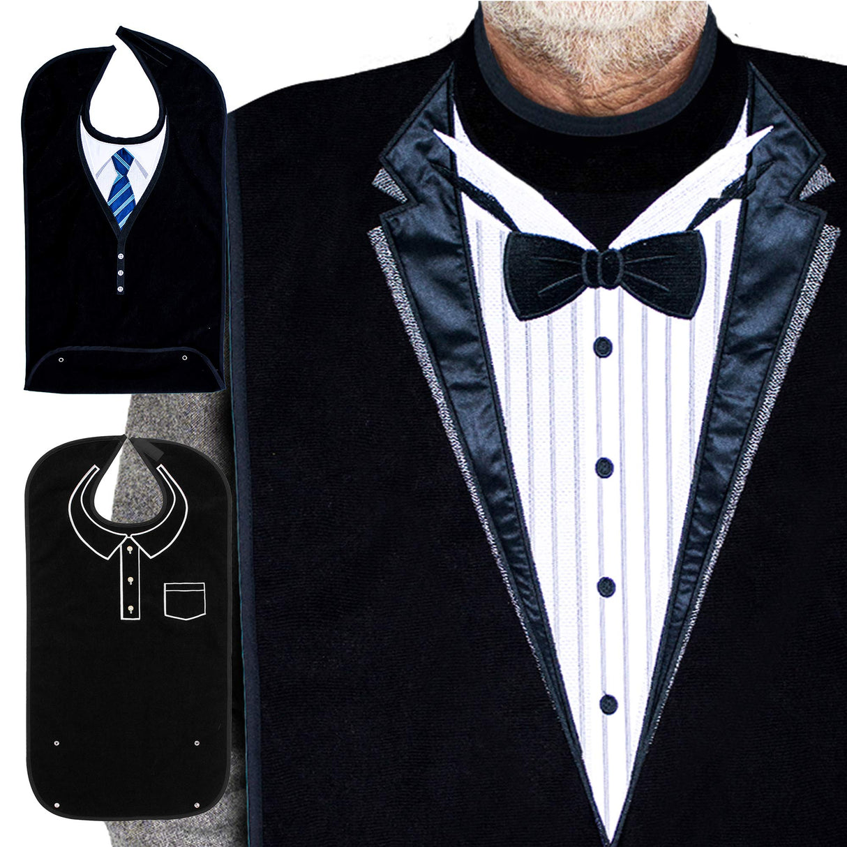 Adult Bibs for Men, Dress ‘n Dine™ Clothing Protectors for Eating, Senior Adult Bib Terry Cloth Crumb Catcher, Embroidered Design, Waterproof, Reusable, Washable (Blue Tie + Tuxedo)