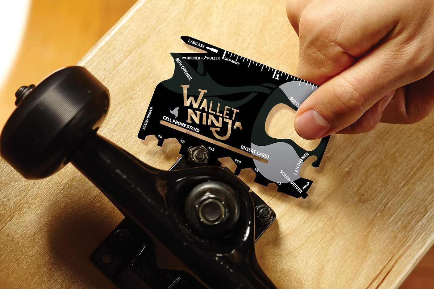 Wallet Ninja Multitool Card – 18 in 1 Credit Card Multi-Tool (Bottle Opener, Can Opener, Screwdrivers, Phone Stand & More) – Black