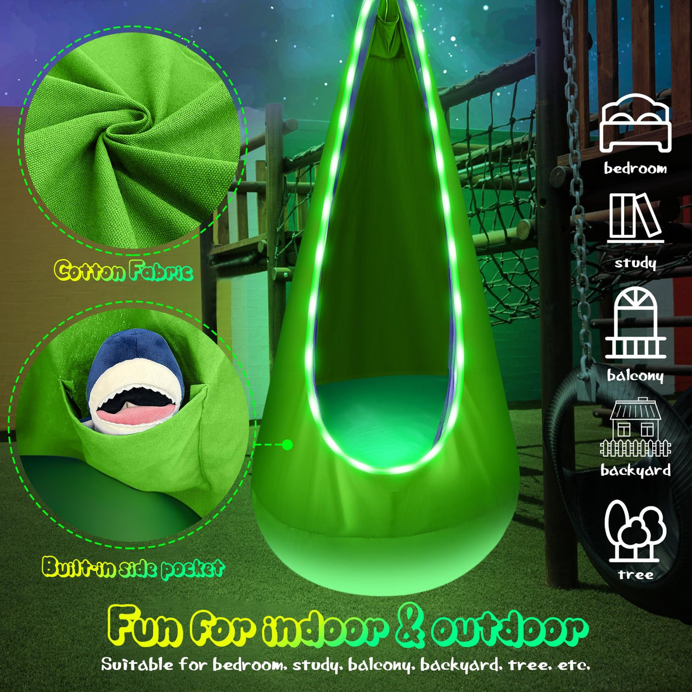 Light Up Kids Pod Swing Seat, Upgraded Kids Hanging Hammock Swing with LED Lights, Cotton Sensory Pod Swing Chair with Inflatable Pillow, Pod Swing for Kids Indoor & Outdoor (1 PCS) (Blue)