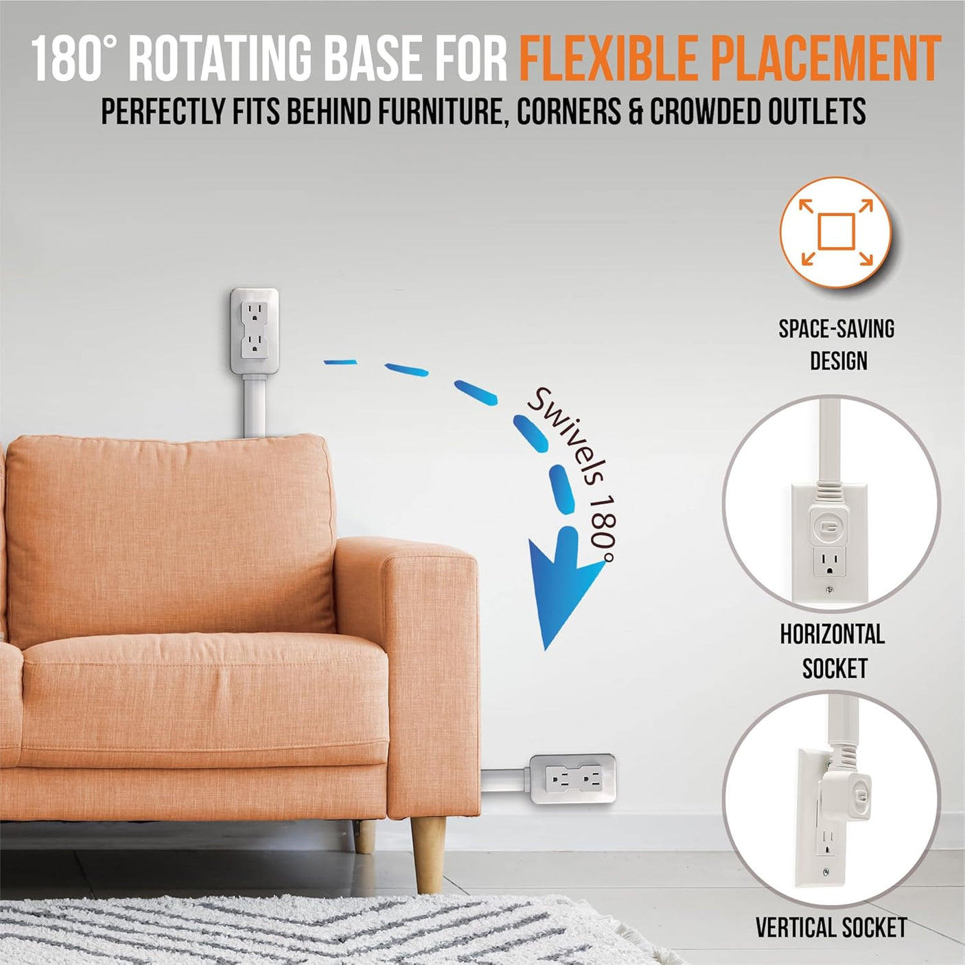 Electrical Outlet Extender. Access Hard-to-Reach Outlets! Features USB-A, USB-C, and 2 AC Outlets, Extends 22"-34", Rotates 180°. Use Behind Couches, Nightstands, Desks, and More.