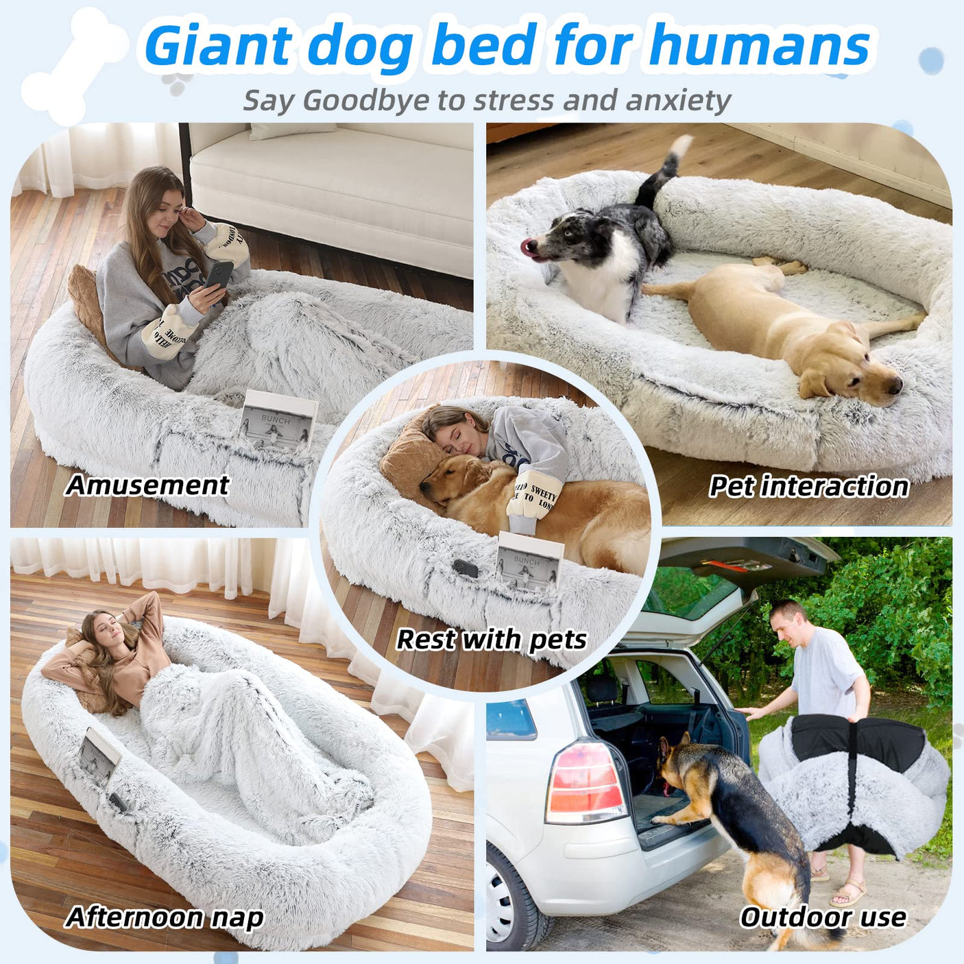 Human Dog Bed, Large Dog Beds for Humans Size Fits You and Pets, Washable Faux Fur Orthopedic Human Pet Bed for People Doze Off, Napping, Present Pillow, Blanket, Strap - Khaki