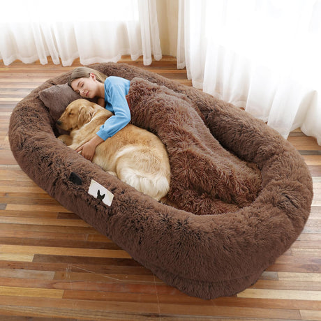 Human Dog Bed, Large Dog Beds for Humans Size Fits You and Pets, Washable Faux Fur Orthopedic Human Pet Bed for People Doze Off, Napping, Present Pillow, Blanket, Strap - Khaki