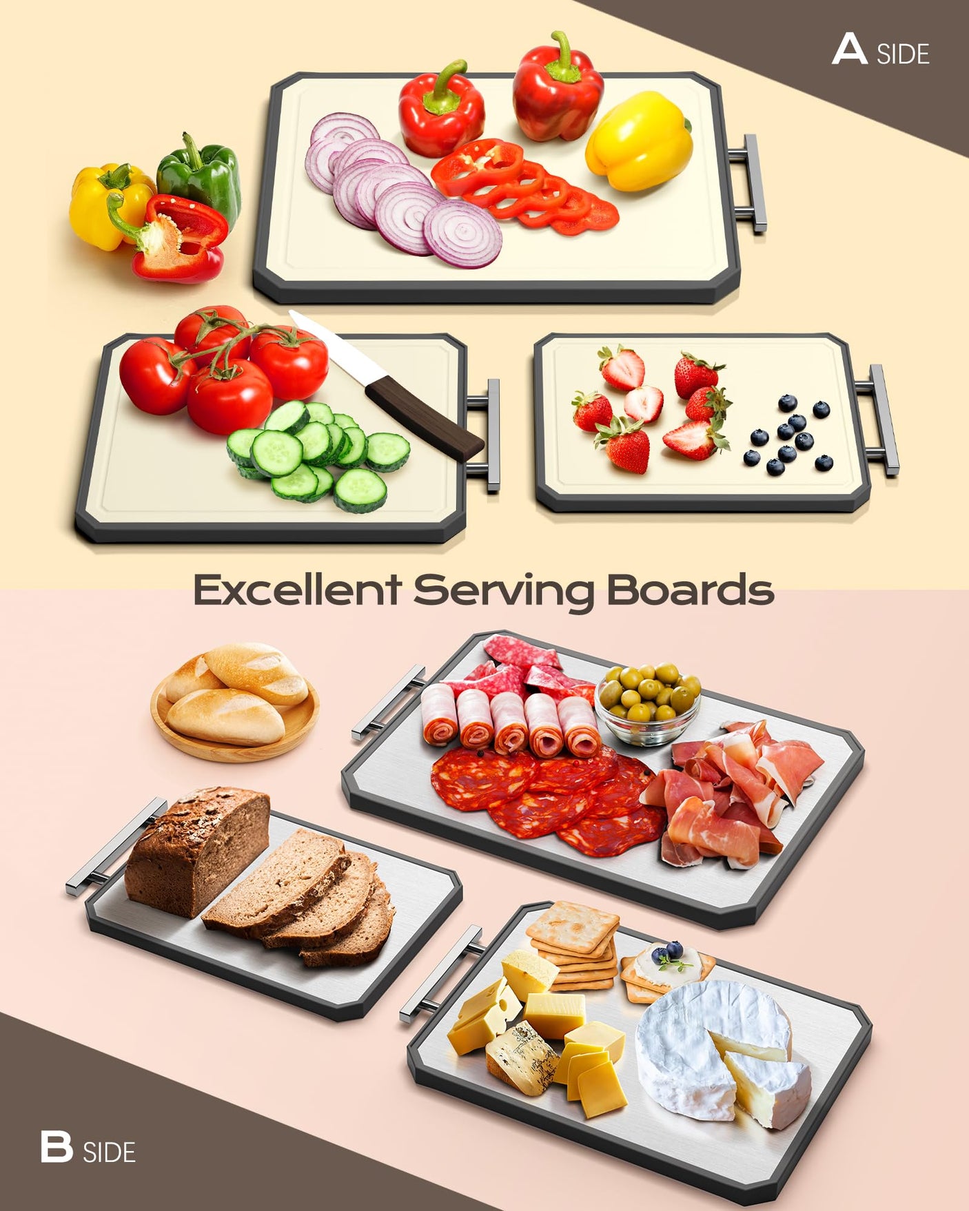 SNOWCLAD Stainless Steel Cutting Board,Double Sided Steel Cutting Boards for kitchen,Stainless Steel/Wheat straw pp Large Board for meat,non toxic Chopping,16 * 11 Inch,Dishwasher Safe