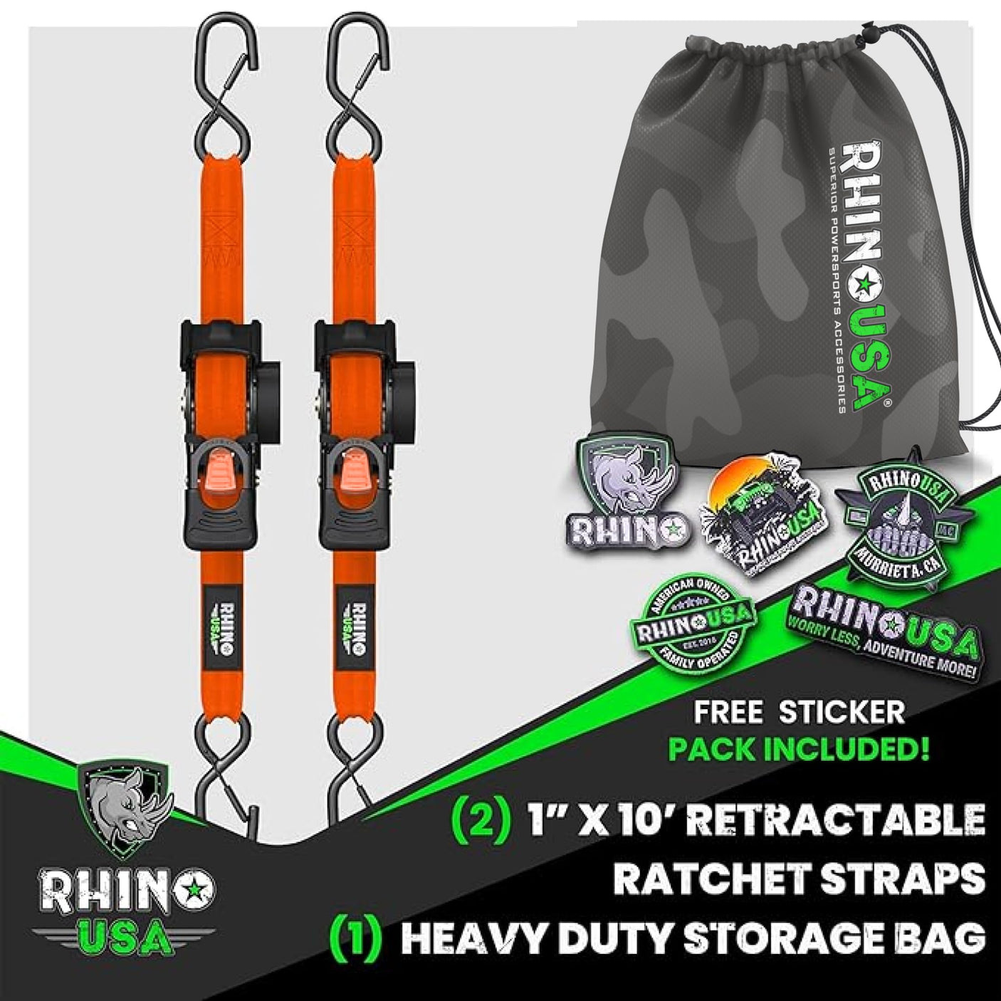 Rhino USA Retractable Ratchet Straps (4-Pack) - 1 Inch x 10 Feet (1,209lb Break Strength) - Heavy Duty Auto Self Retracting Tie Down Straps for Truck, Cargo Trailer, Motorcycle, Rad & More - Green