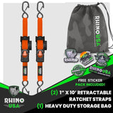 Rhino USA Retractable Ratchet Straps (4-Pack) - 1 Inch x 10 Feet (1,209lb Break Strength) - Heavy Duty Auto Self Retracting Tie Down Straps for Truck, Cargo Trailer, Motorcycle, Rad & More - Green