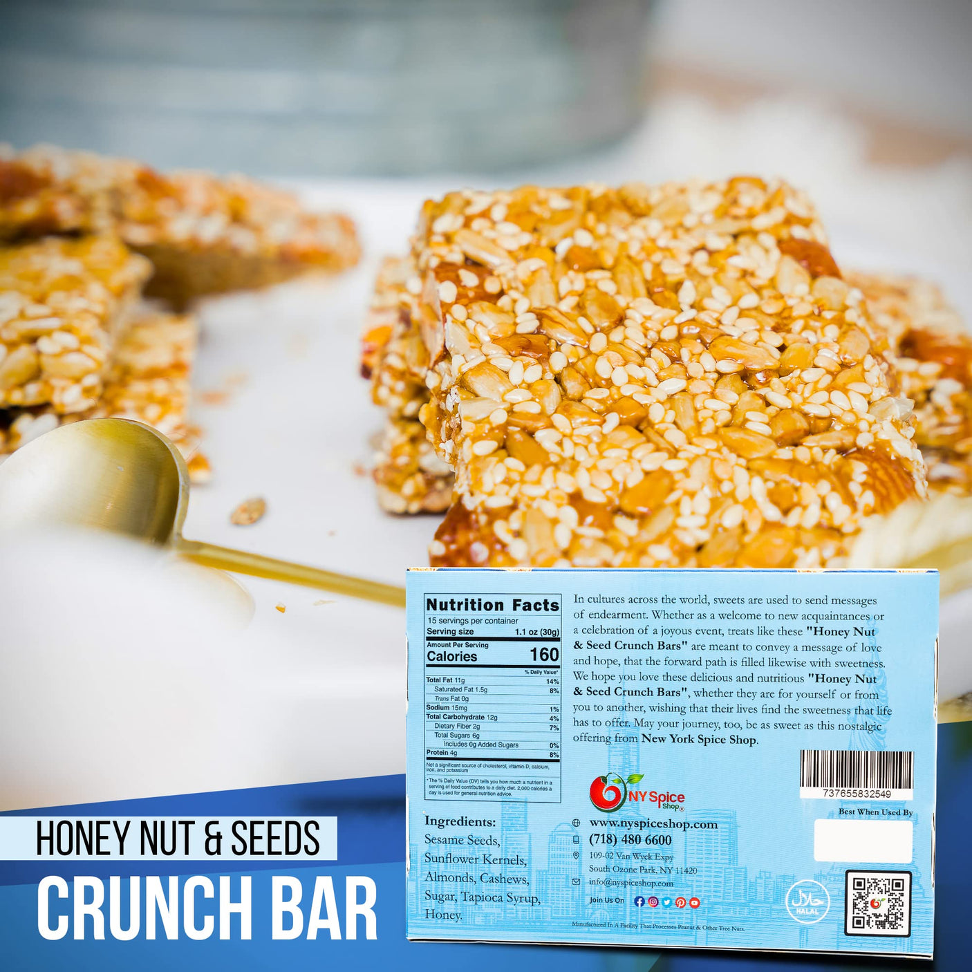 NY SPICE SHOP Honey Nut and Seed Crunch Bars – 1 Pound (16 oz.) Honey Sesame Brittle – Sesame Seed Candy – Sesame Seed Honey Bars – Great Snack & Crunchy Flavour