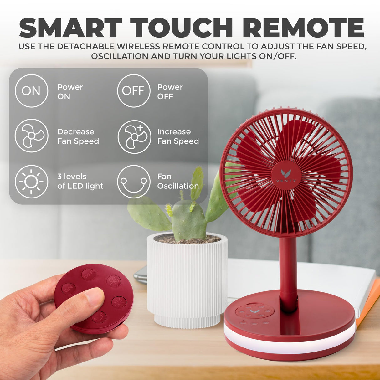 VENTY Original Portable Fan - Wireless Battery Operated Fan With 4 Speeds, LED Lighting, Carry Case & Remote Control - Premium Travel Rechargeable Fan & Power Bank With USB & USB-C Ports (Black)