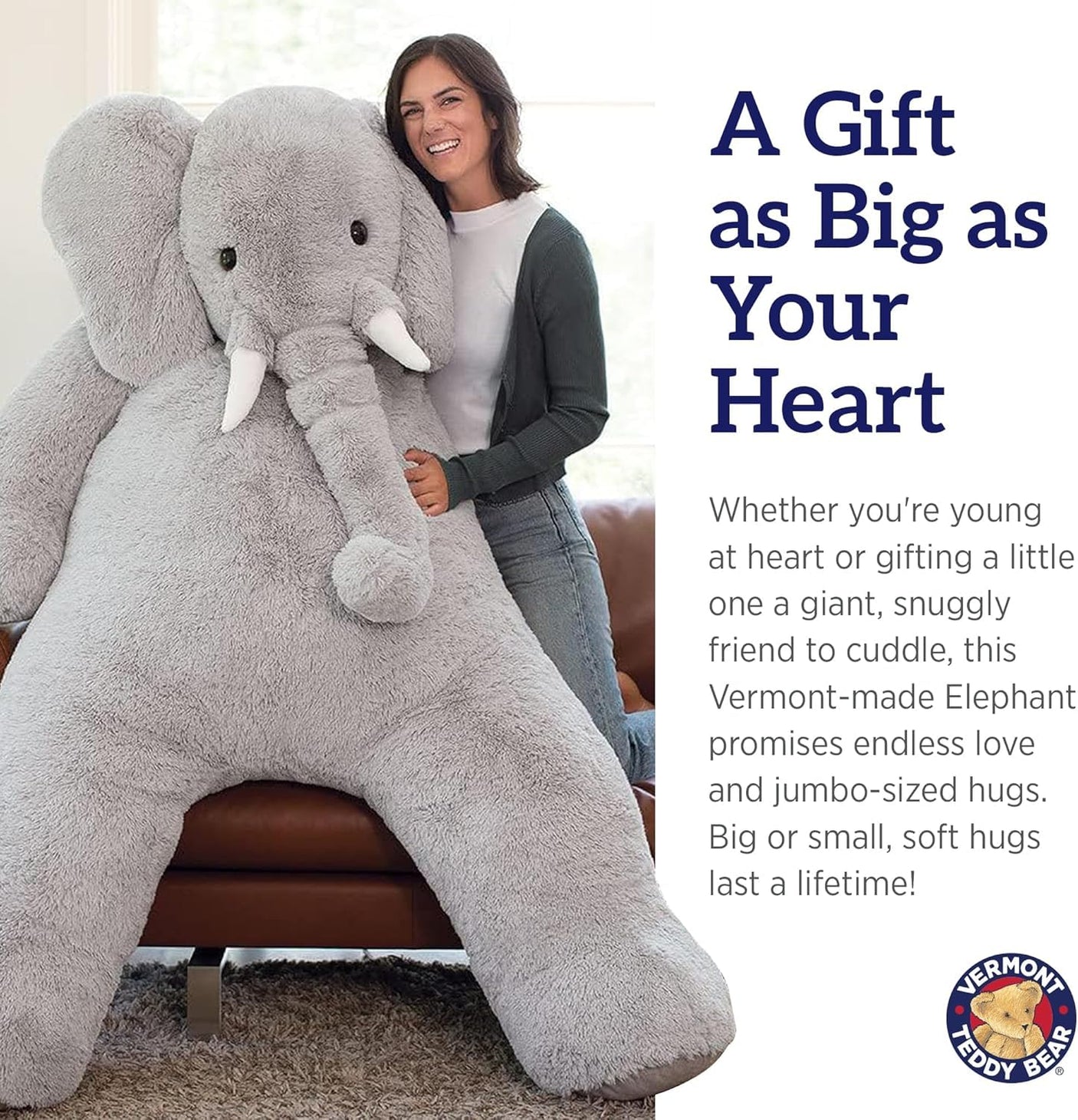 Vermont Teddy Bear Giant Elephant Stuffed Animal - 6 Foot Big Stuffed Elephant Plush from Giant Cuddle Collection - Collectible Plushies for Kids & Adults | Crafted in The USA