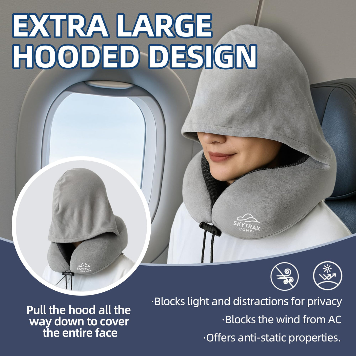 Travel Pillow with Extra Large Hood for Airplane Long Flights Privacy and Comfort Memory Foam with Velvet Cover for Road Trip Head&Neck Support for Plane Office Cars Sleeping & Rest (Pink)