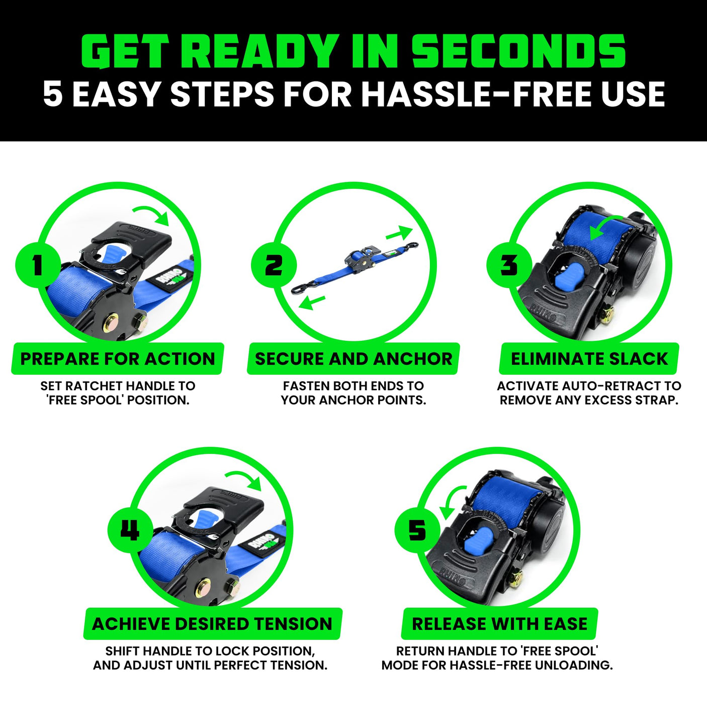 Rhino USA Retractable Ratchet Straps (4-Pack) - 1 Inch x 10 Feet (1,209lb Break Strength) - Heavy Duty Auto Self Retracting Tie Down Straps for Truck, Cargo Trailer, Motorcycle, Rad & More - Green