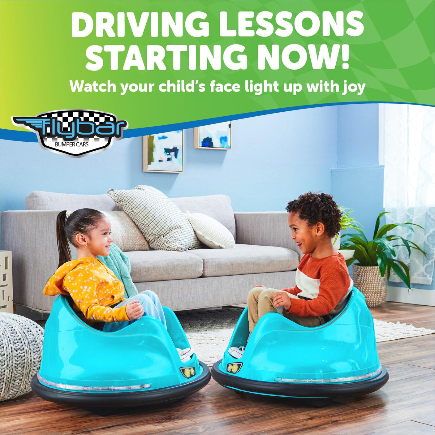Flybar 6V Blue Glow Bumper Car for Kids – LED Ride-On Toy with 360° Spin, Rechargeable Battery, and Soft Rubber Bumpers – Safe Indoor Fun for Toddlers Ages 1.5+, Up to 66 lbs