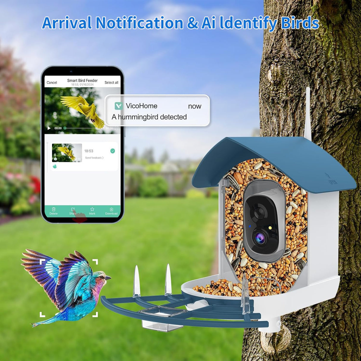 Bird Feeder with Camera,AI Identify Birds Species,Smart Birds Camera with Solar Powered,Auto Record 2K Birds Video in Backyard,Instant Notifications,Ideal Gifts for Family and Bird Lovers,Navy Blue