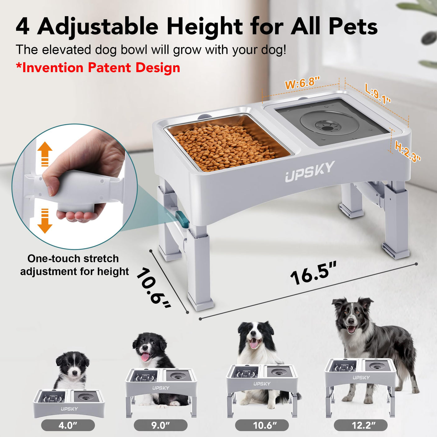 UPSKY 2-in-1 Elevated Dog Bowls Slow Feeder, 4 Height Adjustable Raised Bowls Stand, No Spill Dog Water Bowls, Anti-Slip Food and Water Bowl for Small Medium Dogs(Not Include Stainless Steel Bowl)