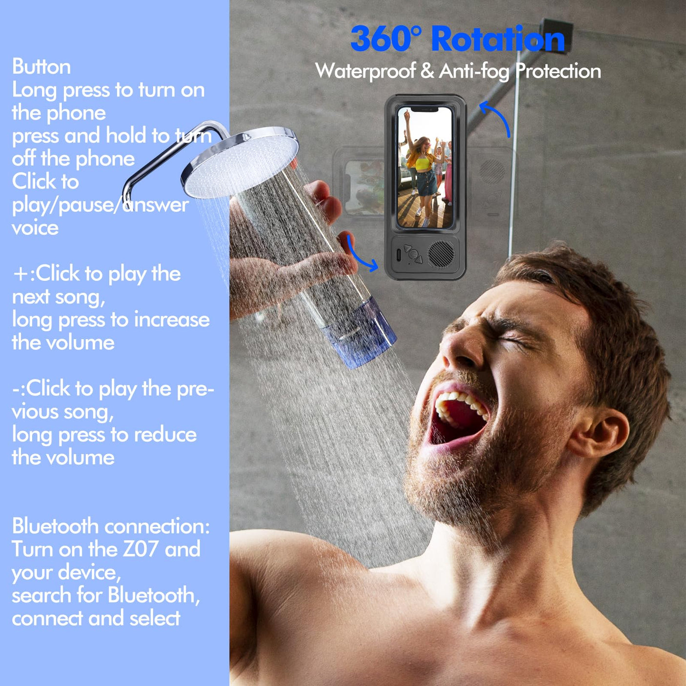 Shower Phone Holder with Wireless Bluetooth Speaker, Waterproof 480 Rotation Viewable Shower Phone Stand Case Mount Speakers for Bathroom Wall Mirro for 4"- 6.8" Cell Phones(Black)