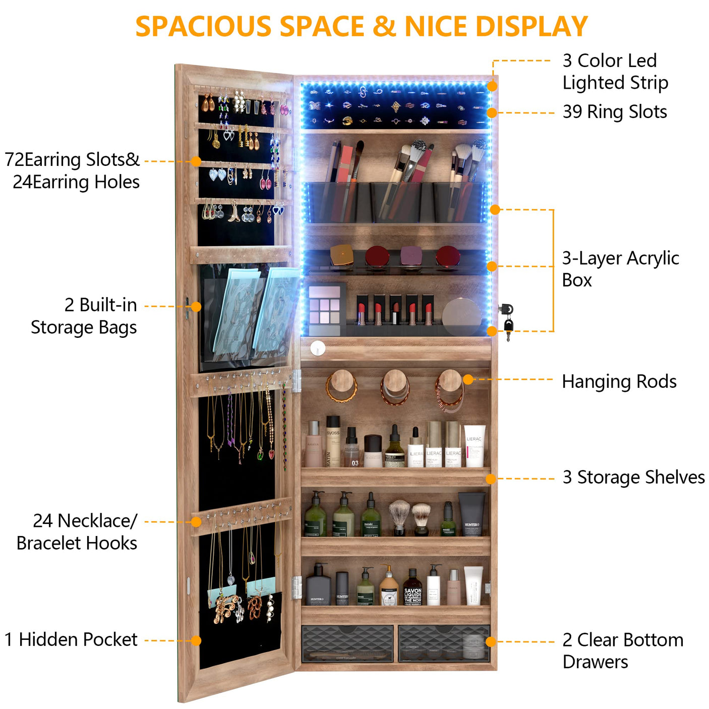 LVSOMT Wall/Door Hanging Mirror with Jewelry Storage, Lockable Jewelry Armoire Organizer with LED Lights, Mirror Jewelry Cabinet,Brown