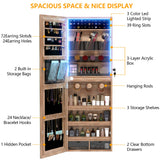 LVSOMT Wall/Door Hanging Mirror with Jewelry Storage, Lockable Jewelry Armoire Organizer with LED Lights, Mirror Jewelry Cabinet,Brown