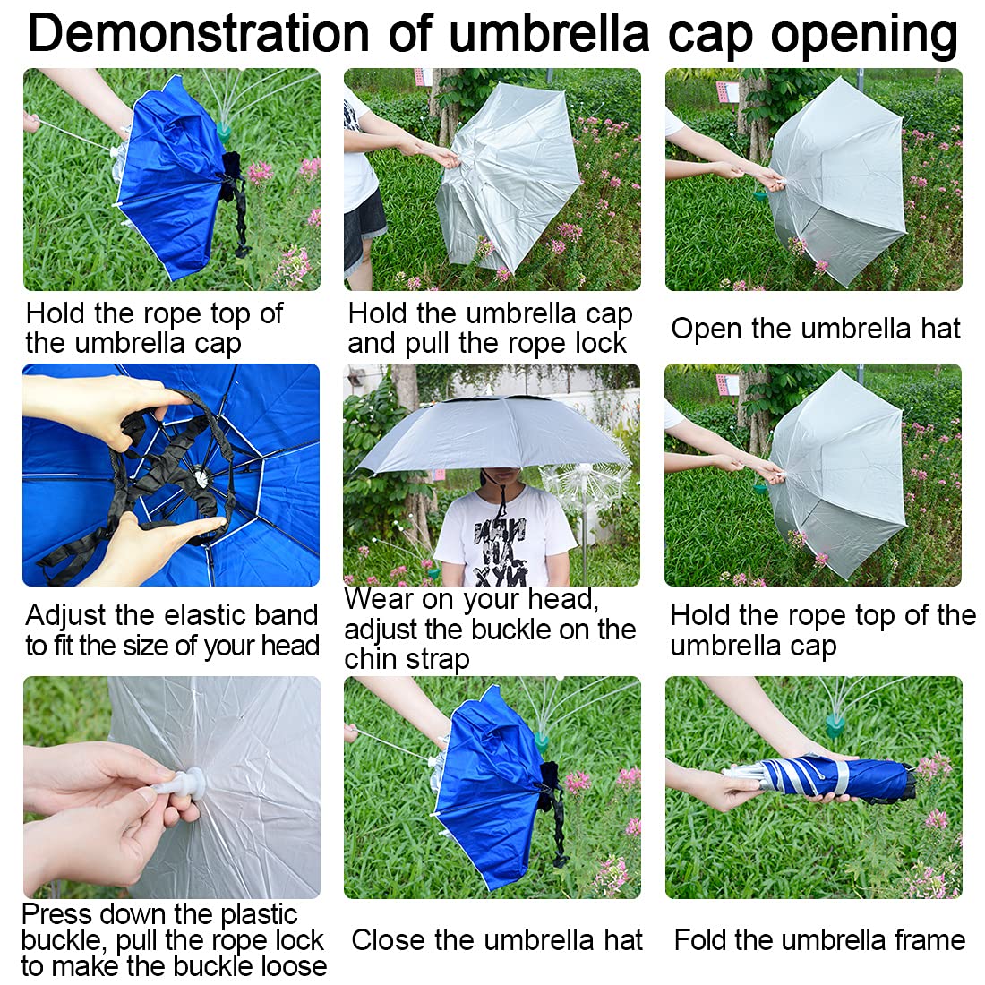 NEW-Vi Fishing Umbrella Hat Folding Adjustable Sun Rain Cap, 37.4”Oversize Hands Free Umbrellas, 7-Ribs Anti-UV Waterproof Headwear for Fishing Gardening Golf Sunshade Outdoor