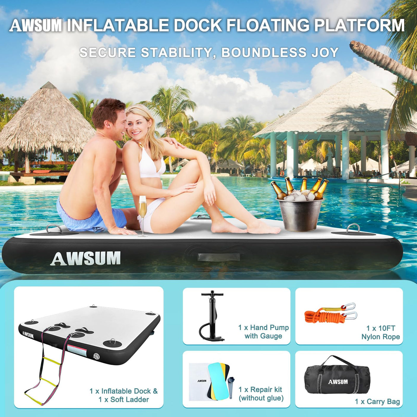 AWSUM Inflatable Floating Dock Air Dock Platform Floating Island Raft with None-Slip Surface for Pool Beach Ocean