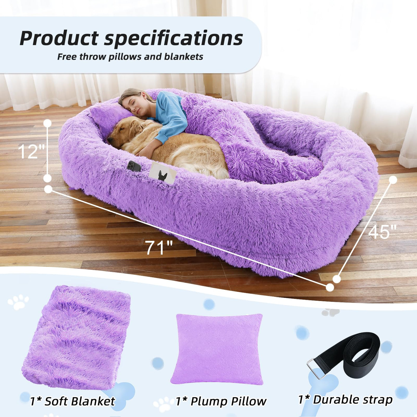Human Dog Bed, Large Dog Beds for Humans Size Fits You and Pets, Washable Faux Fur Orthopedic Human Pet Bed for People Doze Off, Napping, Present Pillow, Blanket, Strap - Khaki