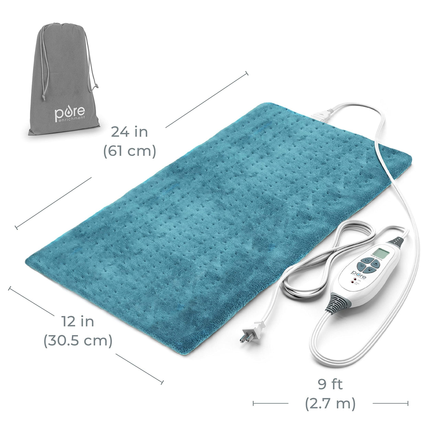 Pure Enrichment® PureRelief® XL Heating Pad - 12" x 24" Electric Heating Pad for Back Pain & Cramps, 6 Heat Settings, Soft Machine Wash Fabric, Auto-Off & Moist Heat (Charcoal Gray)