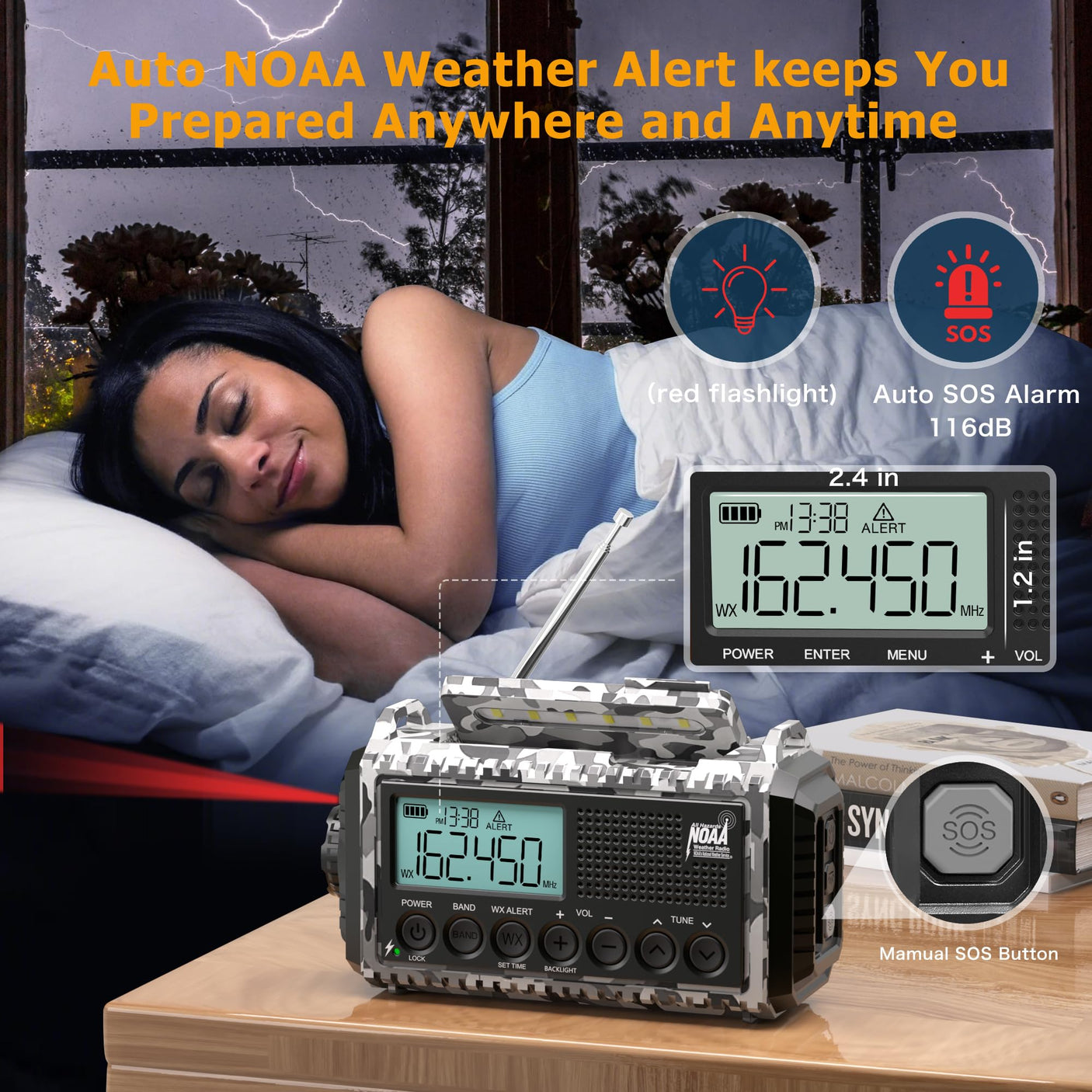 NOAA Weather Radio, Emergency Hand Crank Radio with Solar Charger, Portable Battery Operated AM FM Shortwave Radio with LED Flashlight, USB Charger, Earbud Jack, SOS Alert for Home Survival Hurricane