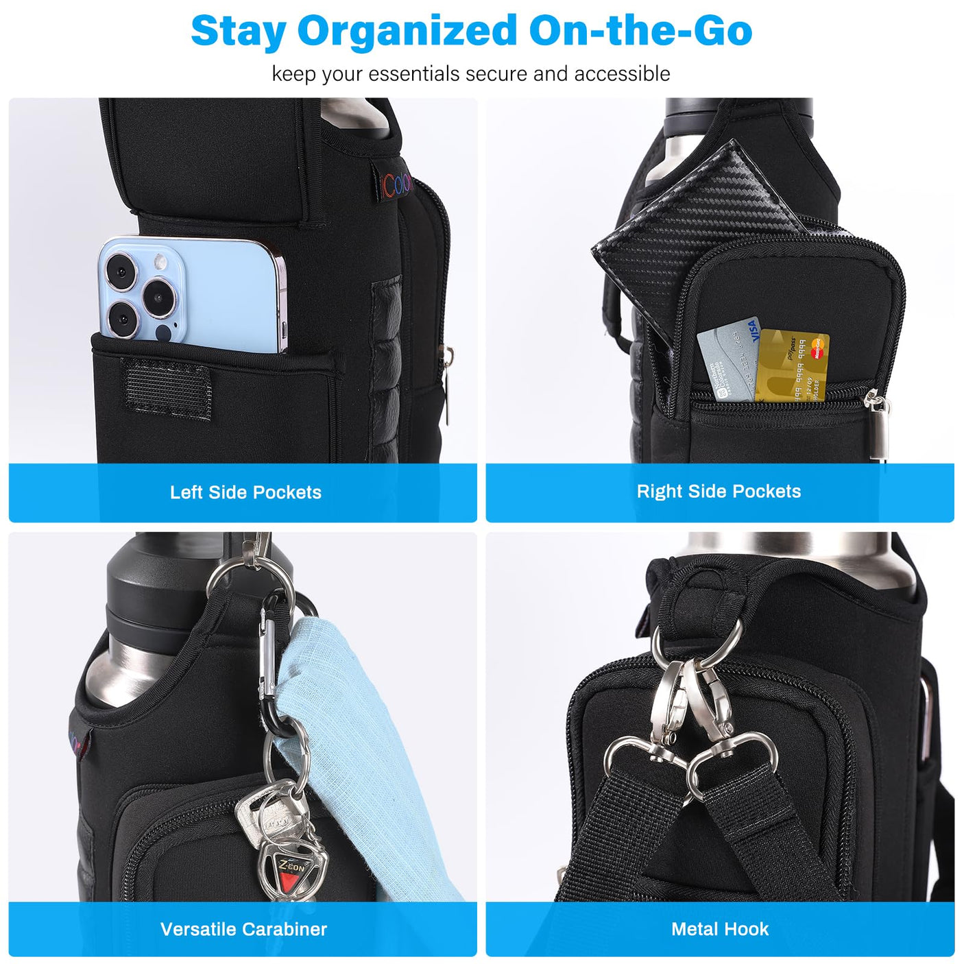 icolor Magnetic Gym Bag Water Bottle Carrier Holder with Phone Pockets & Shoulder Strap,5 Built-in Magnets Gym Bottle Pouch Sleeve,Magnetic Bag Gym Accessories Organizer for Men Women