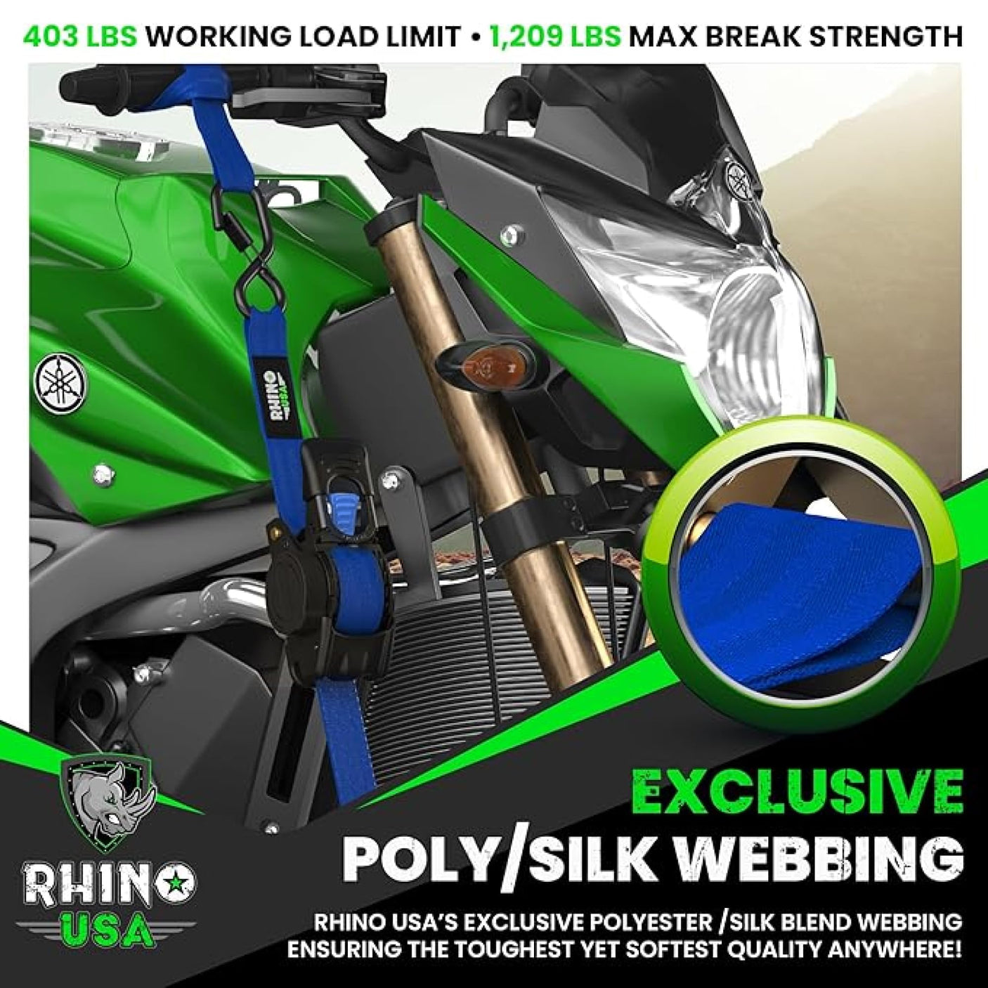 Rhino USA Retractable Ratchet Straps (4-Pack) - 1 Inch x 10 Feet (1,209lb Break Strength) - Heavy Duty Auto Self Retracting Tie Down Straps for Truck, Cargo Trailer, Motorcycle, Rad & More - Green