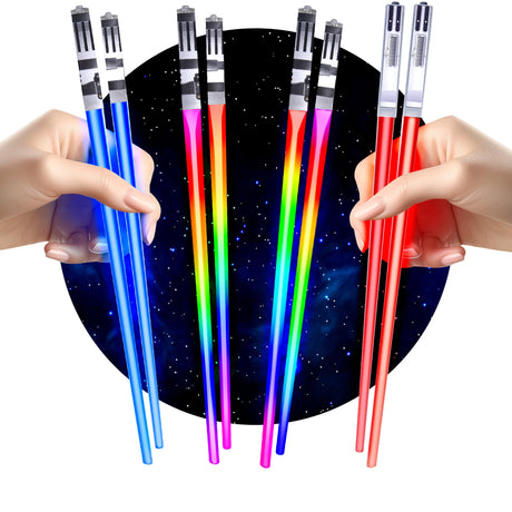 LIGHTSABER CHOPSTICKS LIGHT UP STAR WARS LED Glowing Light Saber Chop Sticks REUSABLE Sushi Lightup Sabers Bright LEDs - 8 Color Modes - 2 Pairs