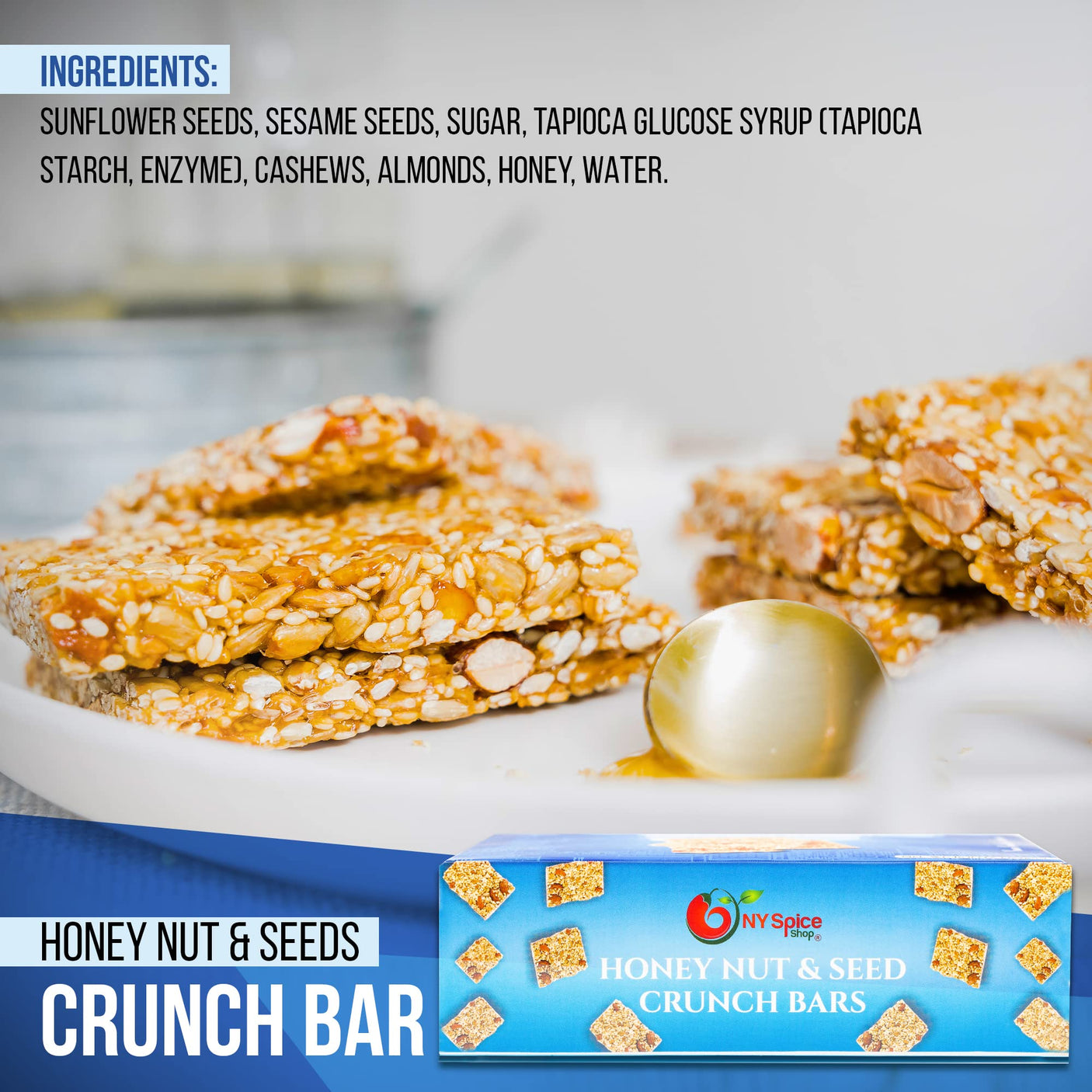 NY SPICE SHOP Honey Nut and Seed Crunch Bars – 1 Pound (16 oz.) Honey Sesame Brittle – Sesame Seed Candy – Sesame Seed Honey Bars – Great Snack & Crunchy Flavour