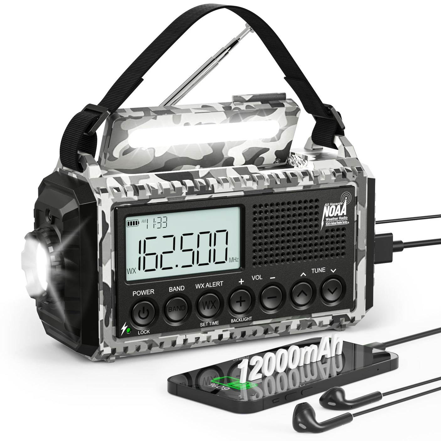NOAA Weather Radio, Emergency Hand Crank Radio with Solar Charger, Portable Battery Operated AM FM Shortwave Radio with LED Flashlight, USB Charger, Earbud Jack, SOS Alert for Home Survival Hurricane